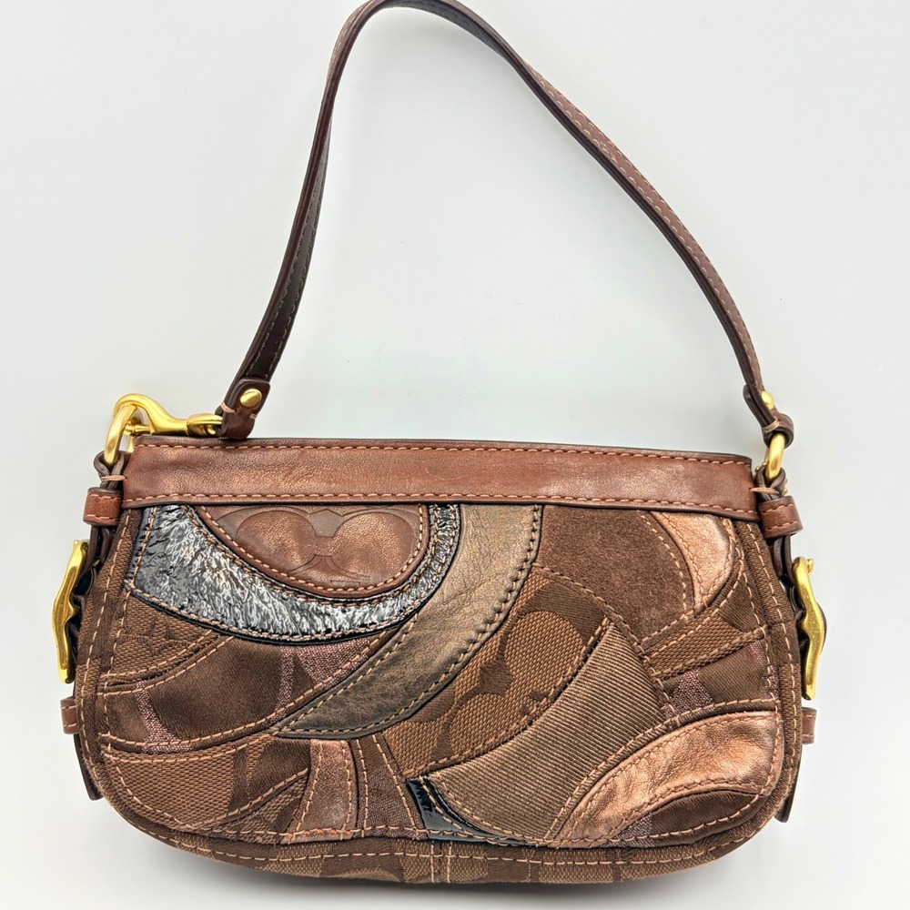Vintage Coach Zoe Patchwork Y2K Mini Bag Metallic Gold Brown Top Handle Wristlet - Picture 12 of 15